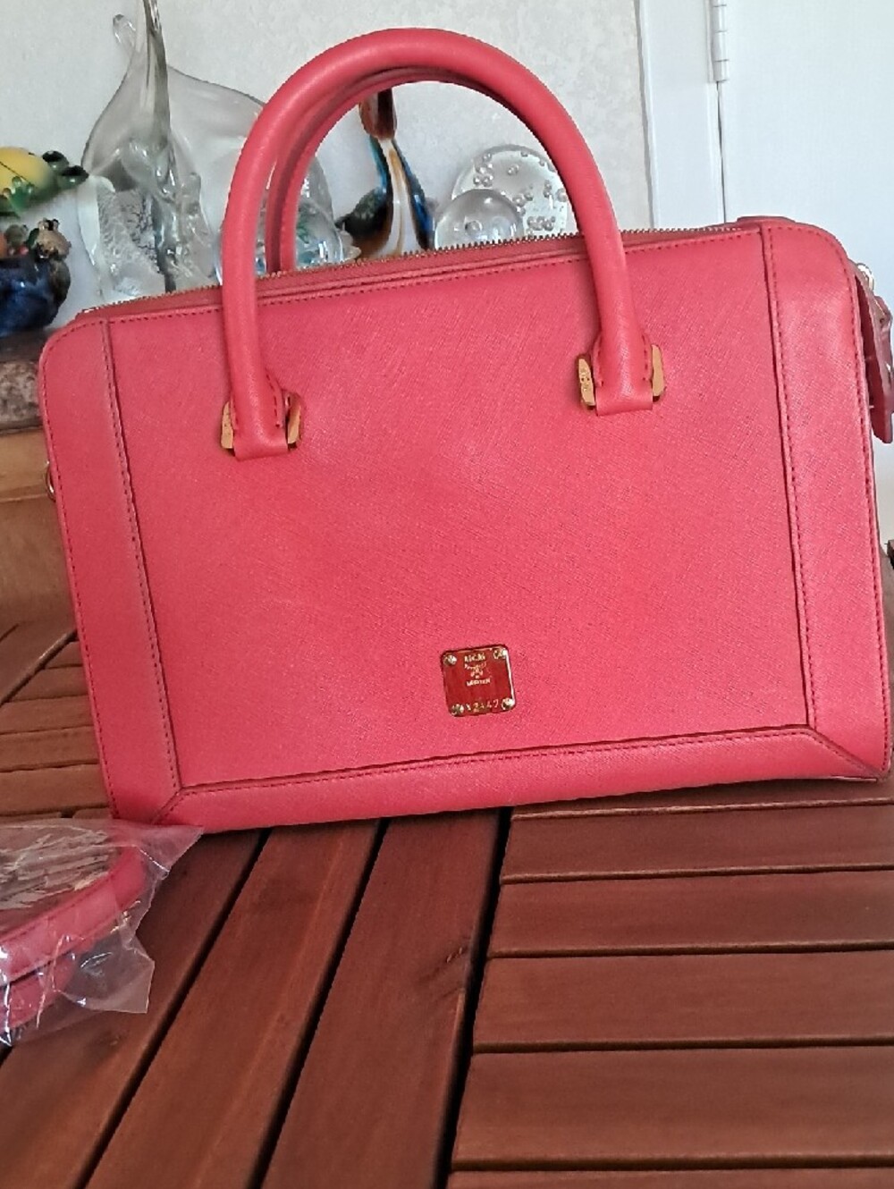 MCM Hot Pink Saffiano Leather Crossbody with Gold Plaque